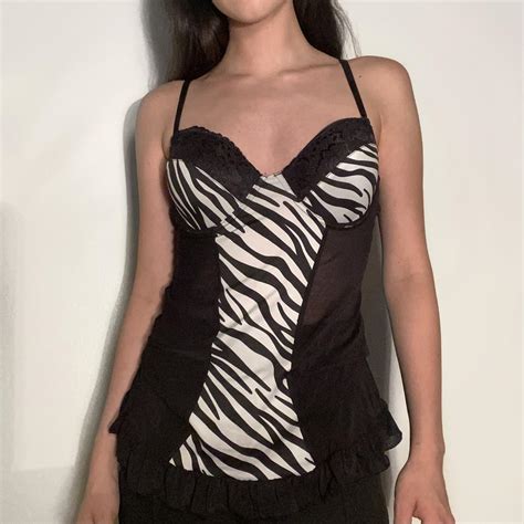 Zebra Print Mesh Lingerie Top With Ruffled Depop