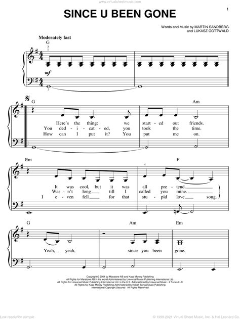 Since U Been Gone Sheet Music For Piano Solo Pdf Interactive