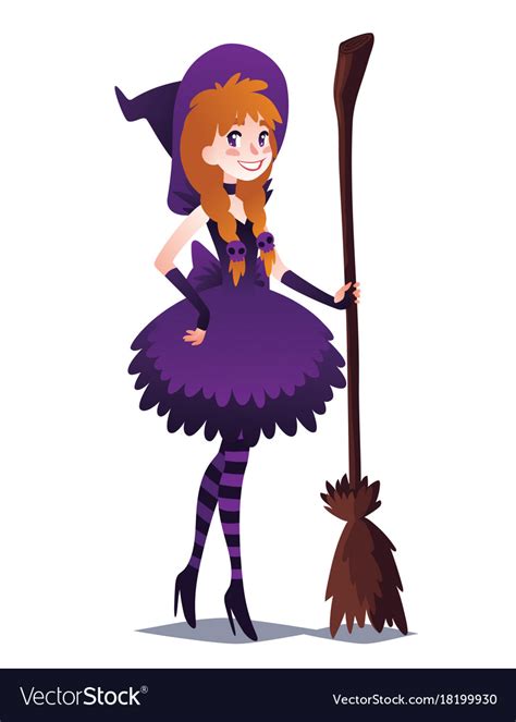 Witch Girl With Broom Cute Young Woman In Style Vector Image