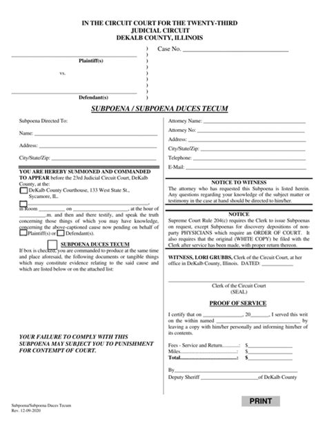 Dekalb County Illinois Subpoena Subpoena Duces Tecum Fill Out Sign