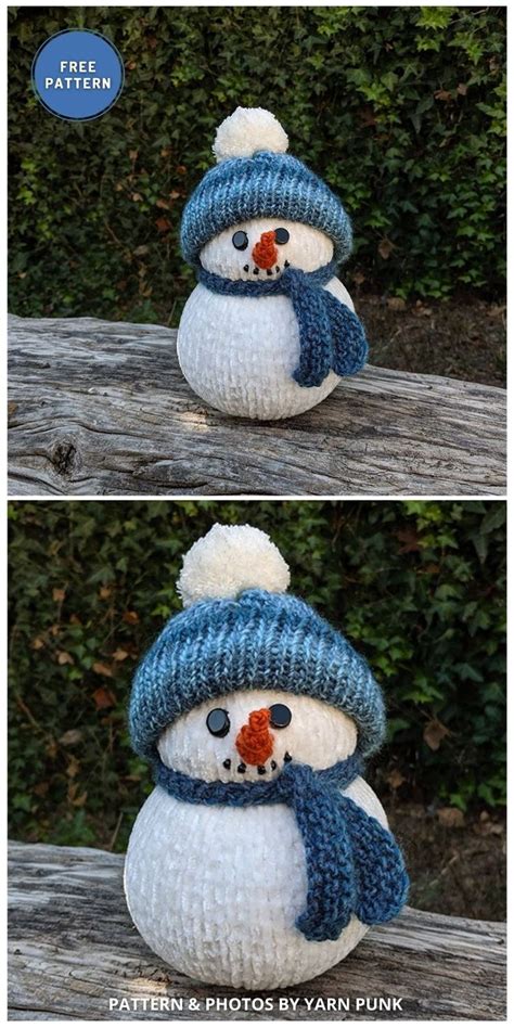 Crocheted Snowman Sitting On Top Of A Wooden Bench