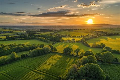 Premium Photo Aerial View Of Sunset Over Fields And Farms River Towy