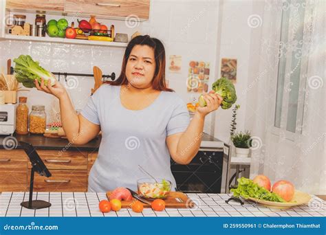 Fat Female Streamer Holding Fresh Vegetables To Record a Video ...