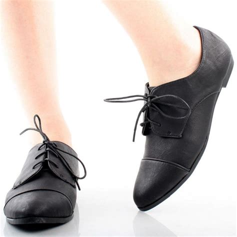 Black Dress Flats For Women Black Faux Leather Lace Up Pointy Toe