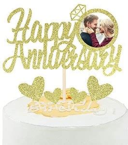 ZYOZI Gold Glitter Happy Anniversary Cake Topper With Diamond Ring