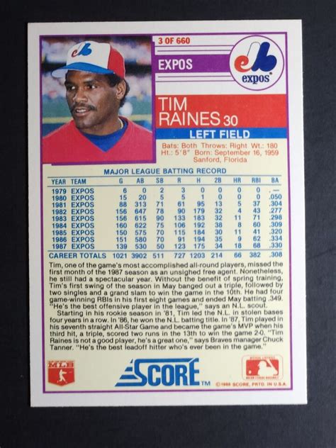 Score Baseball Tim Raines Montreal Expos Nrmt Mint Ebay