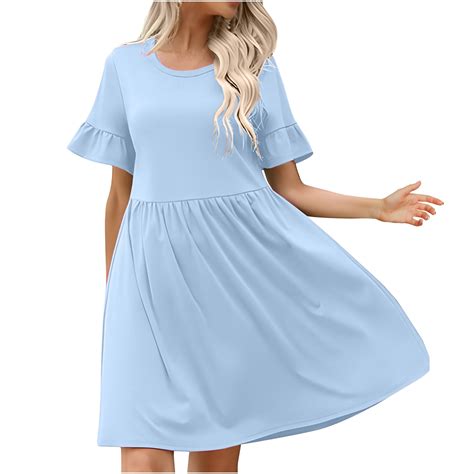 Qolati Summer Dresses For Women 2024 Solid Crewneck Ruffle Short Sleeve