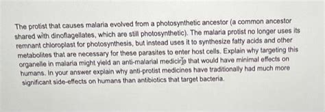 Solved The protist that causes malaria evolved from a | Chegg.com