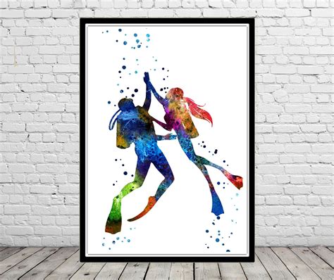 Scuba Divers Wall Art Watercolor Print Scuba Divers Couple Etsy