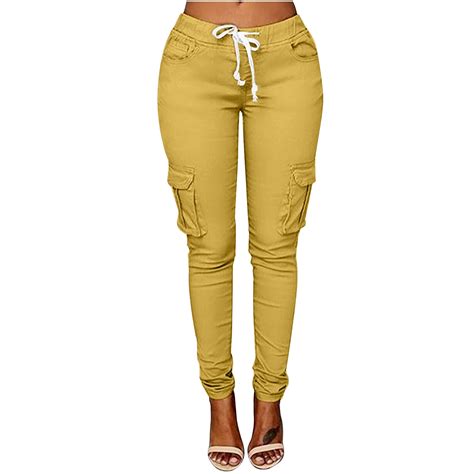 Olyvenn Solid Elastic Waist Pocket Pants Womens Plus Skinny Slim Fit Female Casual Leisure