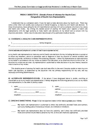 New Jersey Durable Power Of Attorney For Health Care Form