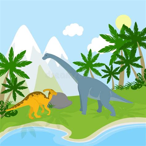 Paisaje Prehistórico Con Los Dinosaurios Las Montañas Y Las Plantas Ilustración Del Vector