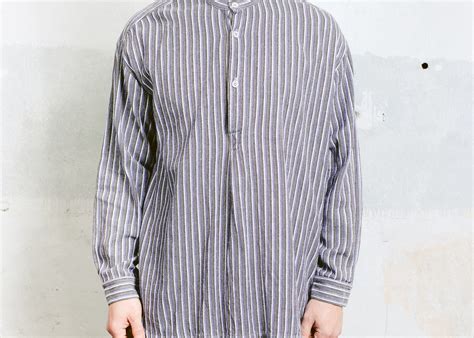 Mens Collarless Work Shirt Vintage Mens Striped Workwear Shirt