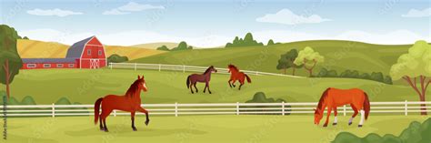 Equine farm landscape. Equestrian ranch stable yard running horses ...