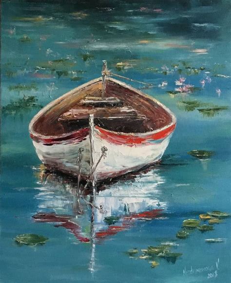 Boat on the pond Painting by Vladimir Nezdiimynoha | Saatchi Art