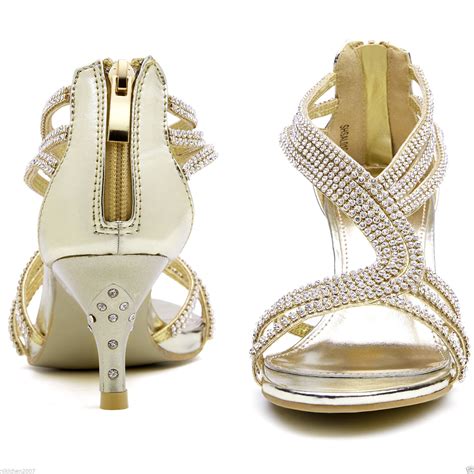 Shesole Womens Low Heel Strappy Sandals Rhinestone Wedding Shoes Silver Gold Ebay