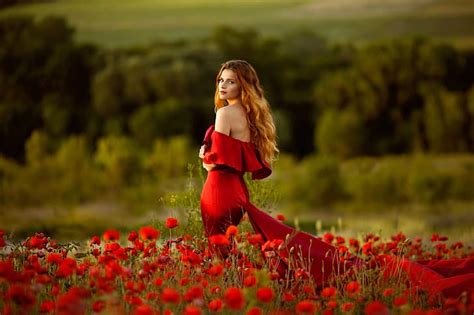 Hd Wallpaper Look Girl Flowers Pose Maki Red Dress Shoulder