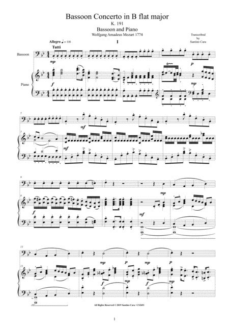 Mozart Bassoon Concerto In B Flat Major K 191 For Bassoon And Piano Score And Part Arr