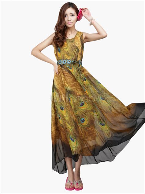 Sleeveless Premium Chiffon Peacock Maxi Dress