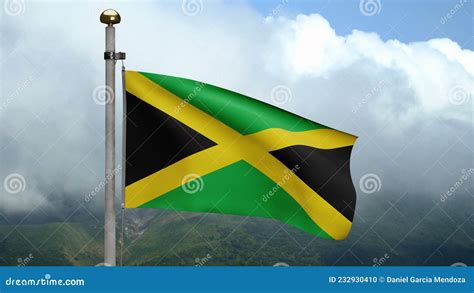 3D Jamaican Flag Waving On Wind Close Up Of Jamaica Banner Blowing