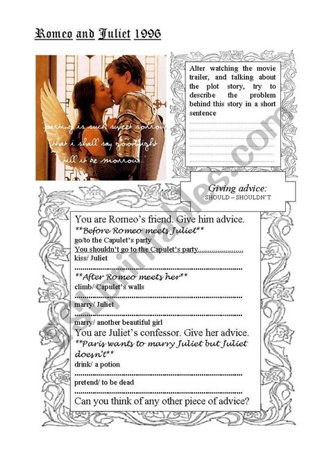 Romeo And Juliet 1996 Giving Advice ESL Worksheet By Carinita