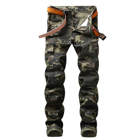 2018 New Mens Camouflage Green Big Pockets Jeans Motocycle Camo