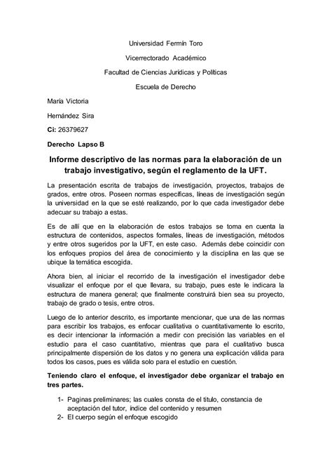 Informe Descriptivo Normas De Trabajo De Investigacion De La Uft Pdf