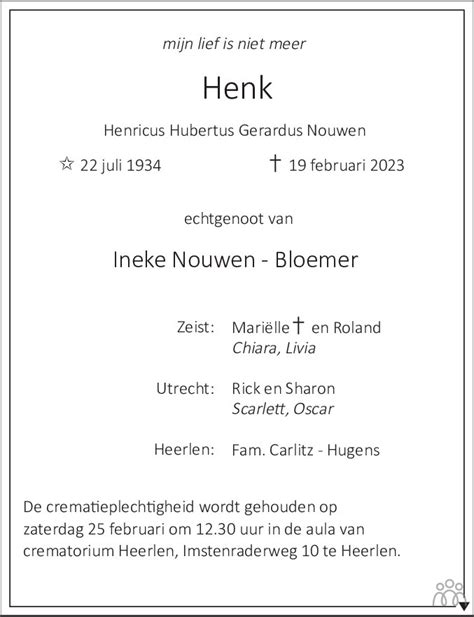 Henk Hendricus Hubertus Gerardus Nouwen Overlijdensbericht