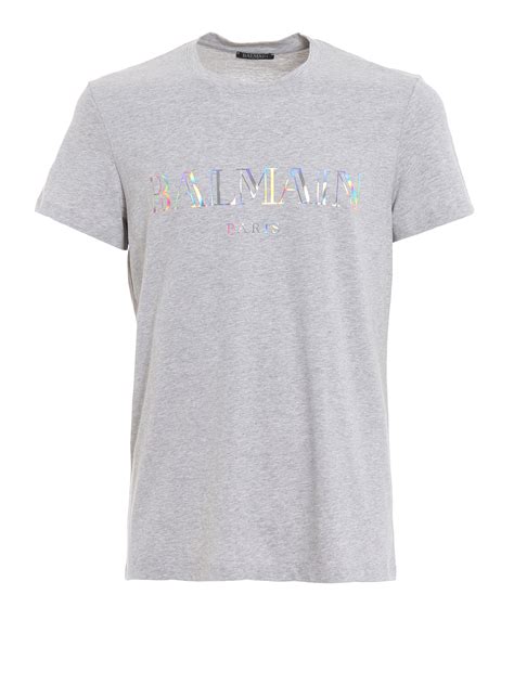 T Shirts Balmain Holographic Balmain Print Grey T Shirt Rh I Aa