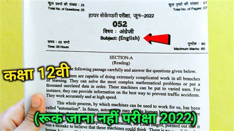 Class 12th Ka English Ka Ruk Jana Nahi Ka Paper Real 2022 Full Solution Mpboard Youtube