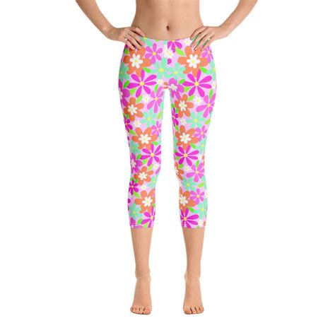 Pink Floral Capri Leggings Flower Leggings For Women Wild Flower