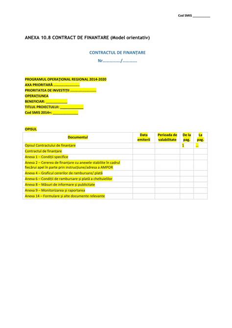 Pdf Anexa Contract De Finantare Model Orientativ Anexa