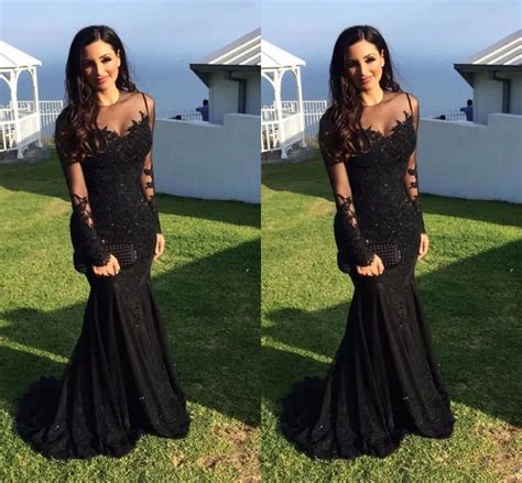 Black Muslim Evening Dresses 2019 Mermaid Long Sleeves Lace Beaded Long