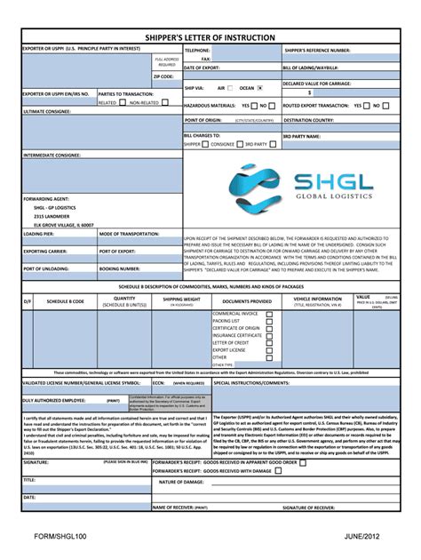 Fillable Online Shipper S Letter Of Instruction Fillable Shgl Fax