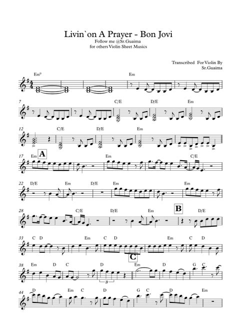 Livin On A Prayer Arr Sr Guaima By Bon Jovi Sheet Music For Violin