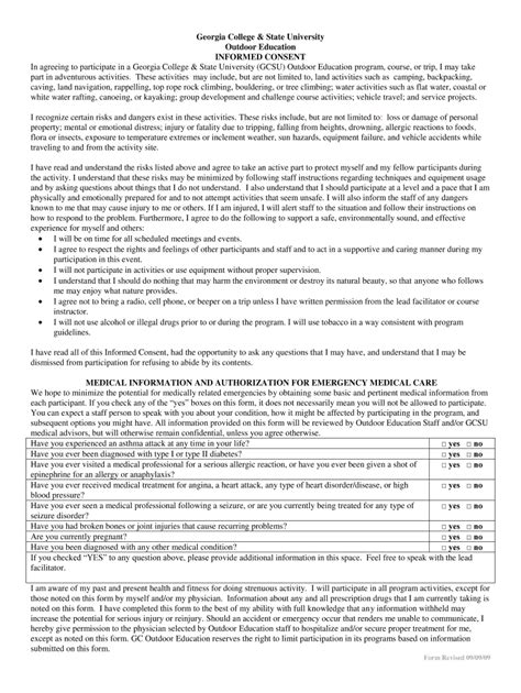 Informed Consent Form Outdoor Education Georgia College Gcsu Fill Out