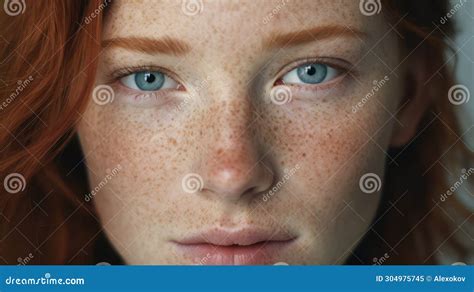 Close Up Portrait Of A Redhead Girl With Freckles On Her Face Generative Ai Stock Illustration