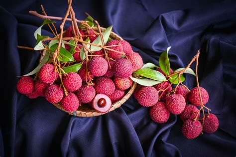 Lychees On Table And Black Background Fresh Ripe Lychee Fruit Tropical