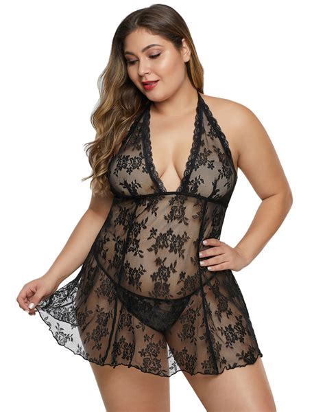 Plus Size Floral Lace Babydoll Black Wholesale Lingerie Sexy Lingerie