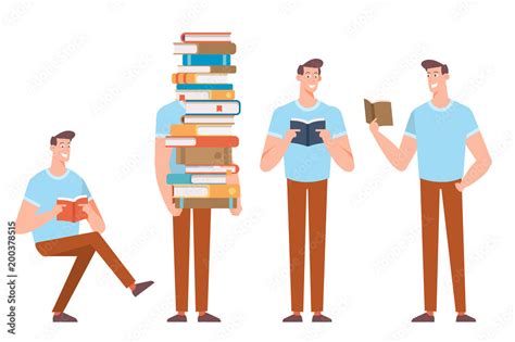 Man Sitting Standing Reading Holding A Huge Stack Of Books Cartoon