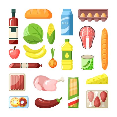 Общие продукты супермаркета продуктовые продукты плоская иллюстрация ...