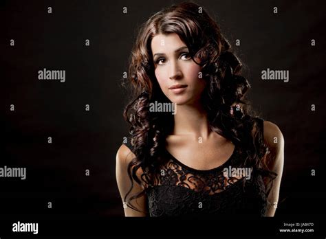Fashion Model Brunette Wearing Black Outfit On Black Background Stock Photo Alamy