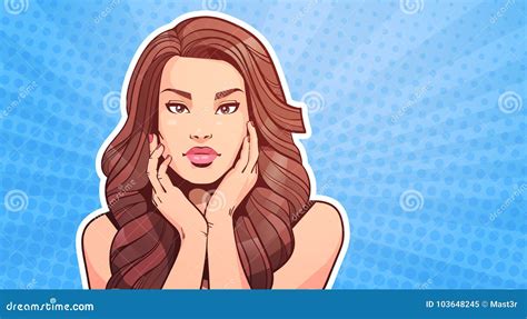 Portrait Of Beautiful Woman In Pop Art Style Female With Long Brown Hair Over Colorful Dot