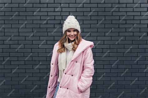 Free Photo Joyful Caucasian Lady Wears Pink Coat Having Fun In Cold