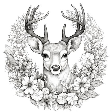 A Black And White Drawing Of A Deer With Flowers Around It Generative