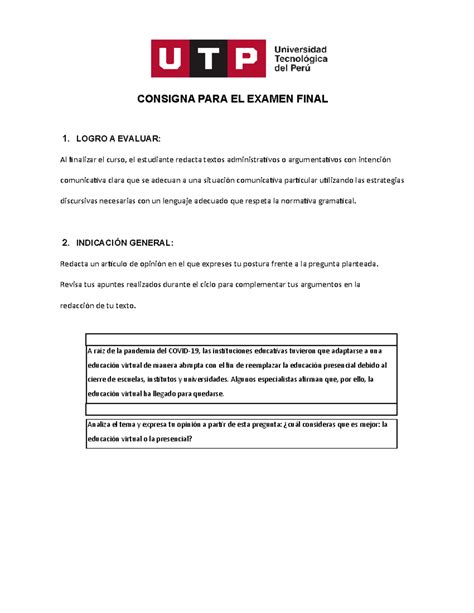 Examen Final Redaccion De Textos Consigna Para El Examen Final