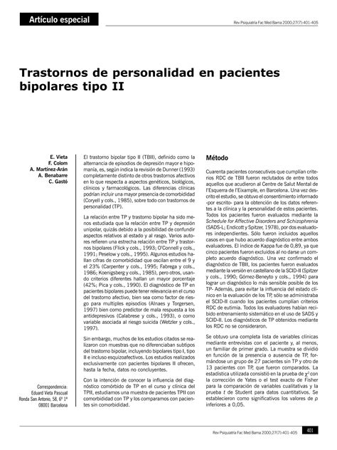 Trastornos De Personalidad En Pacientes Bipolares Tipo Ii Pdf