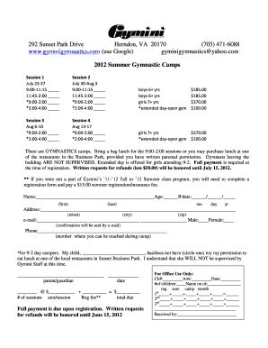 Fillable Online 2012 Summer Gymnastics Camp Pdf Gymini Gymnastics