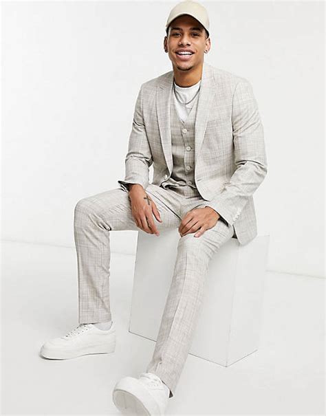 Asos Design Wedding Skinny Suit In Stone Crosshatch Asos