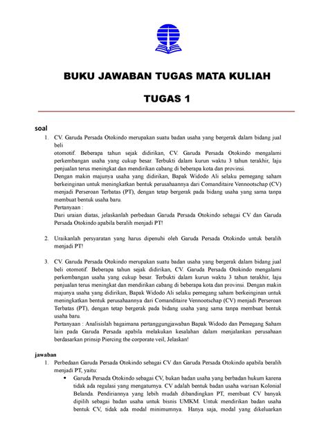 Bjt Hkum4303 Tmk1 TMK 1 BUKU JAWABAN TUGAS MATA KULIAH TUGAS 1 Soal